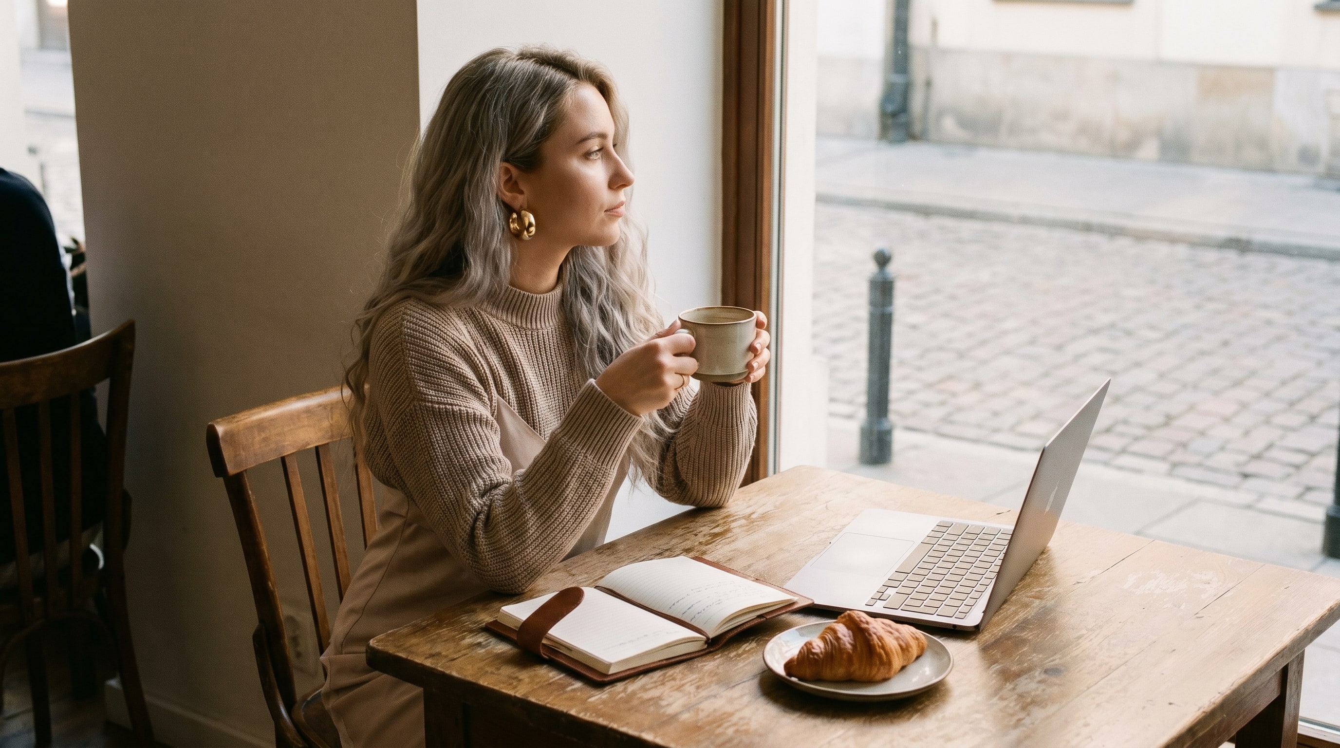 Una creadora en una mañana tranquila con café, expresión contemplativa, no productiva.