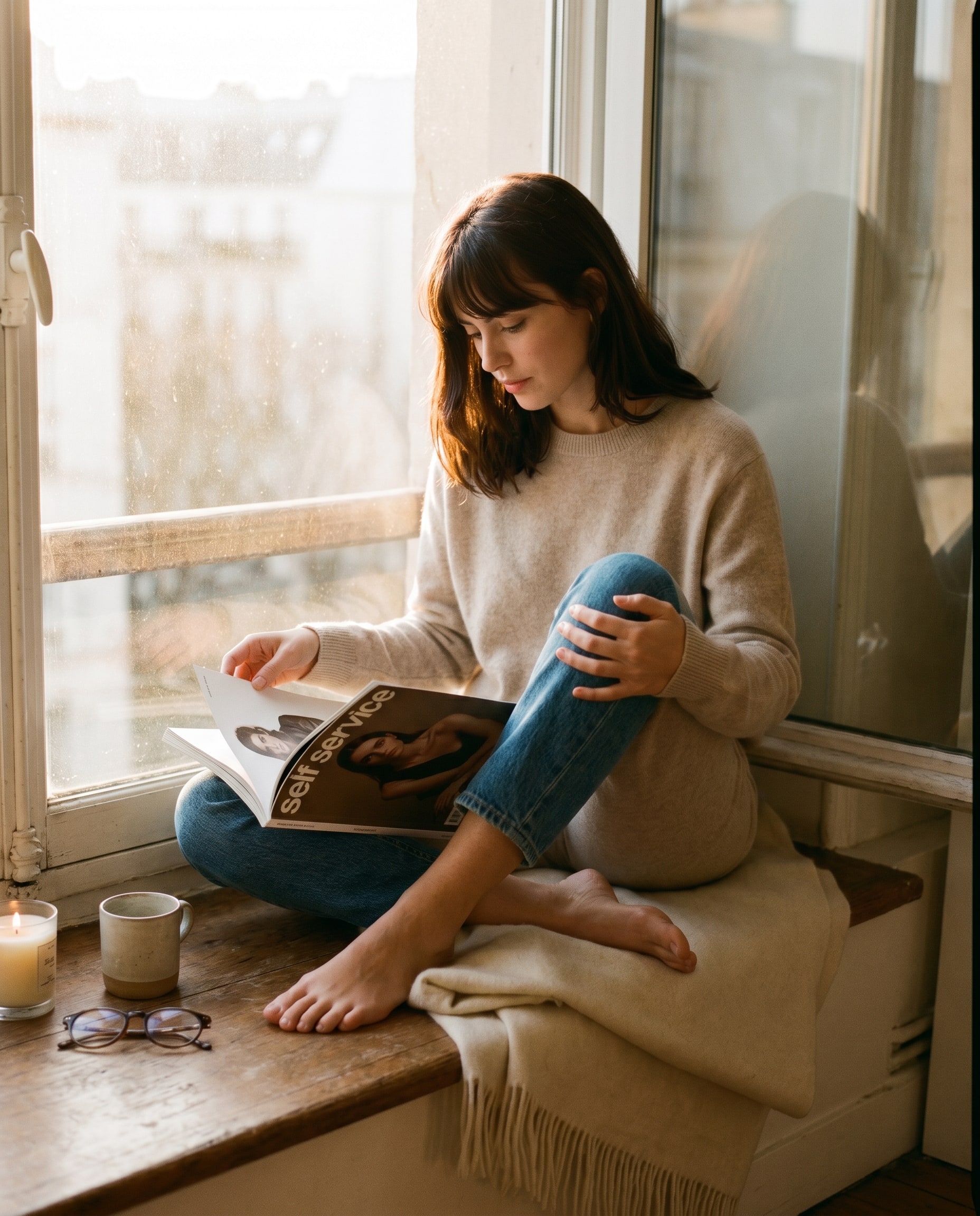 Una creadora sentada en una ventana descansando, expresión reflexiva sin móvil en mano.
