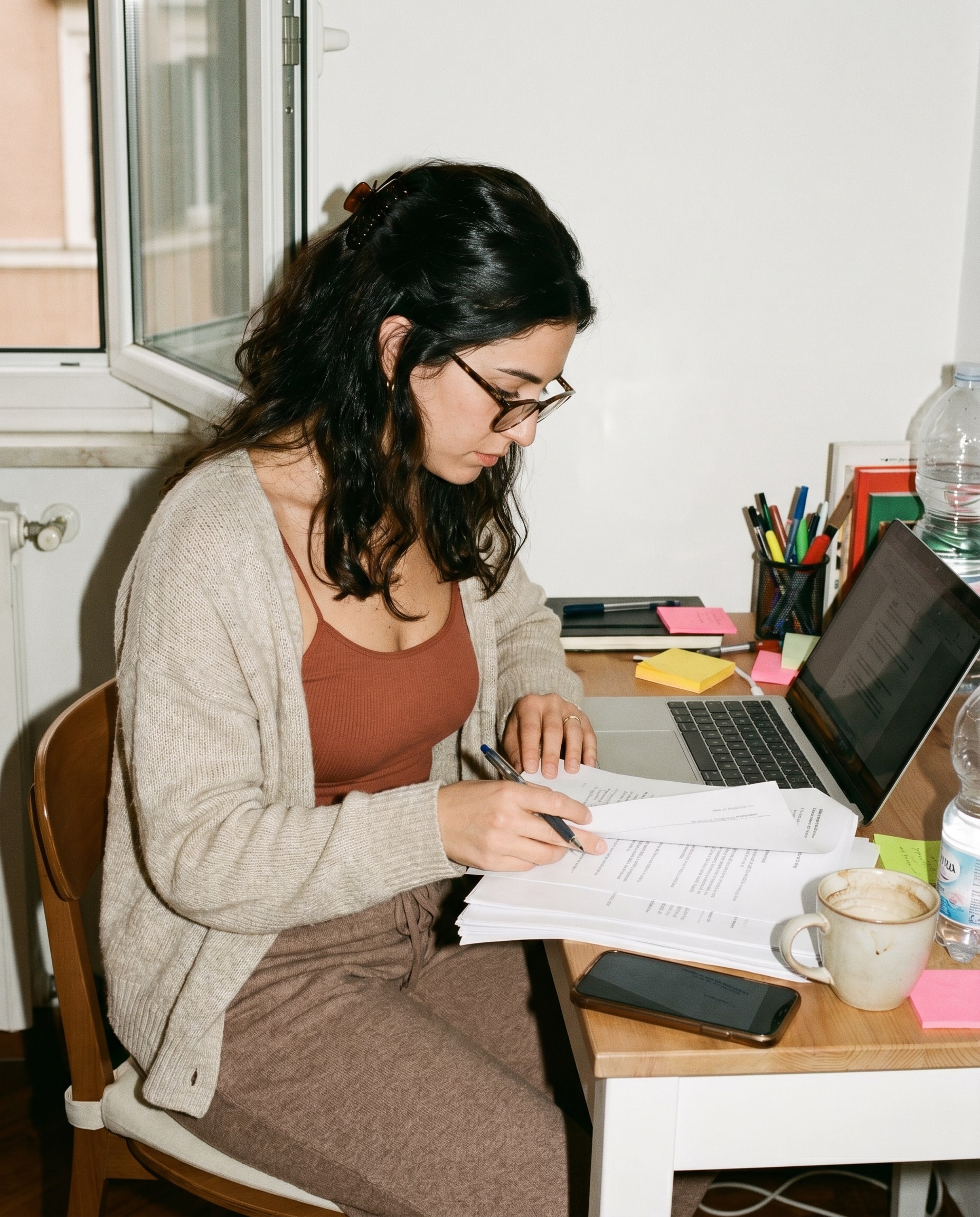 Una creadora revisando hojas de cálculo en su escritorio.