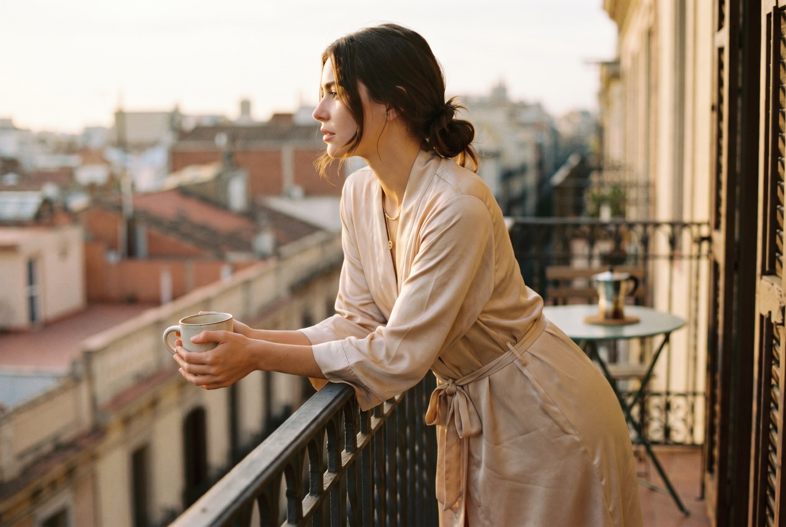 Una creadora con un café en un balcón con vistas a la ciudad, expresión reflexiva.