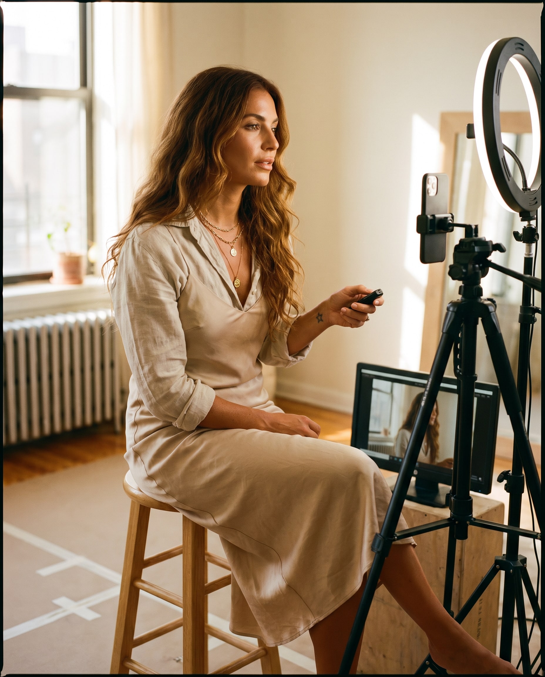 A creator on her own content set with ring light glowing, editorial daywear, controlled lighting.