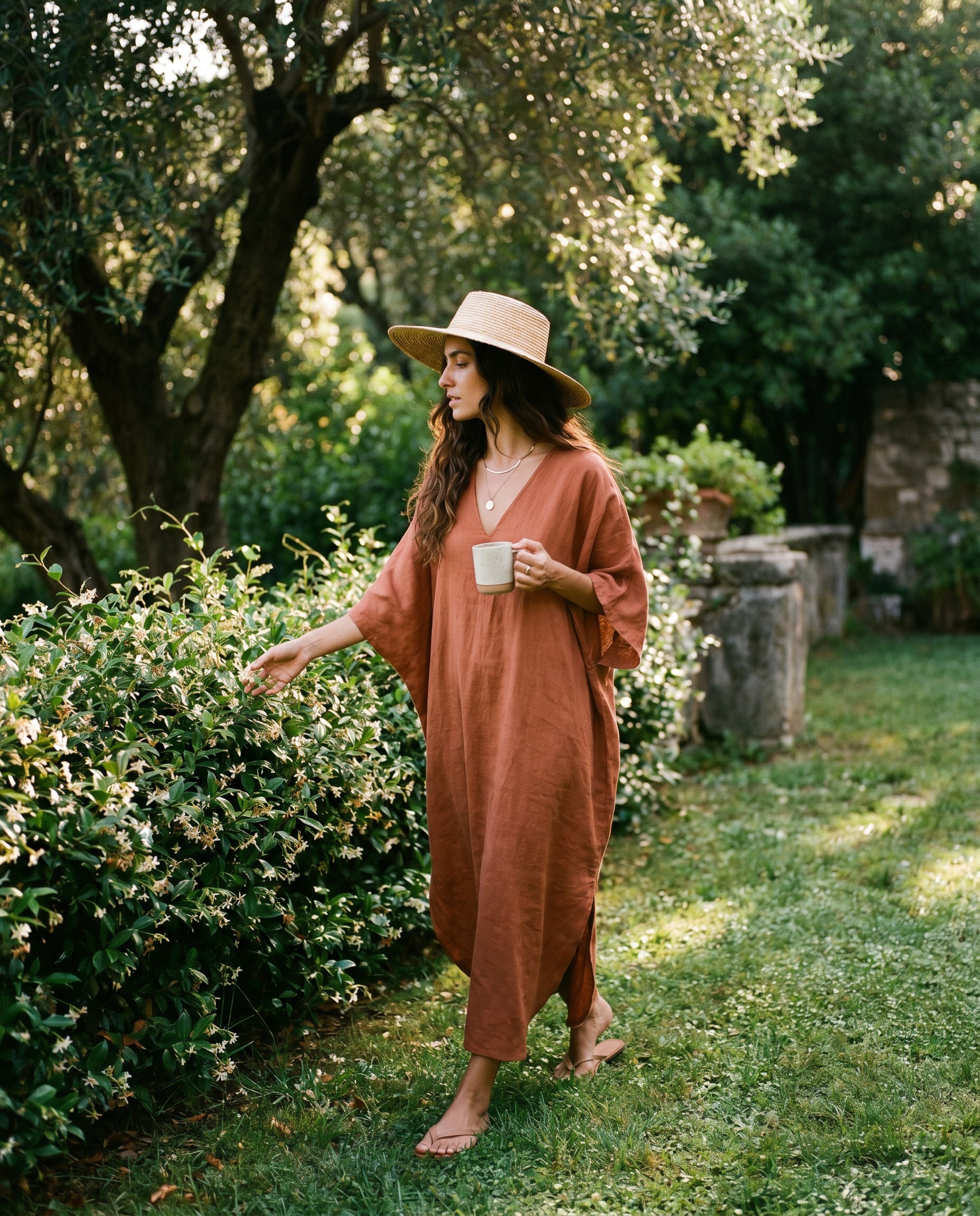 Una creadora caminando por un jardín matinal con una taza de té, vestido largo de lino, luz suave entre los árboles.