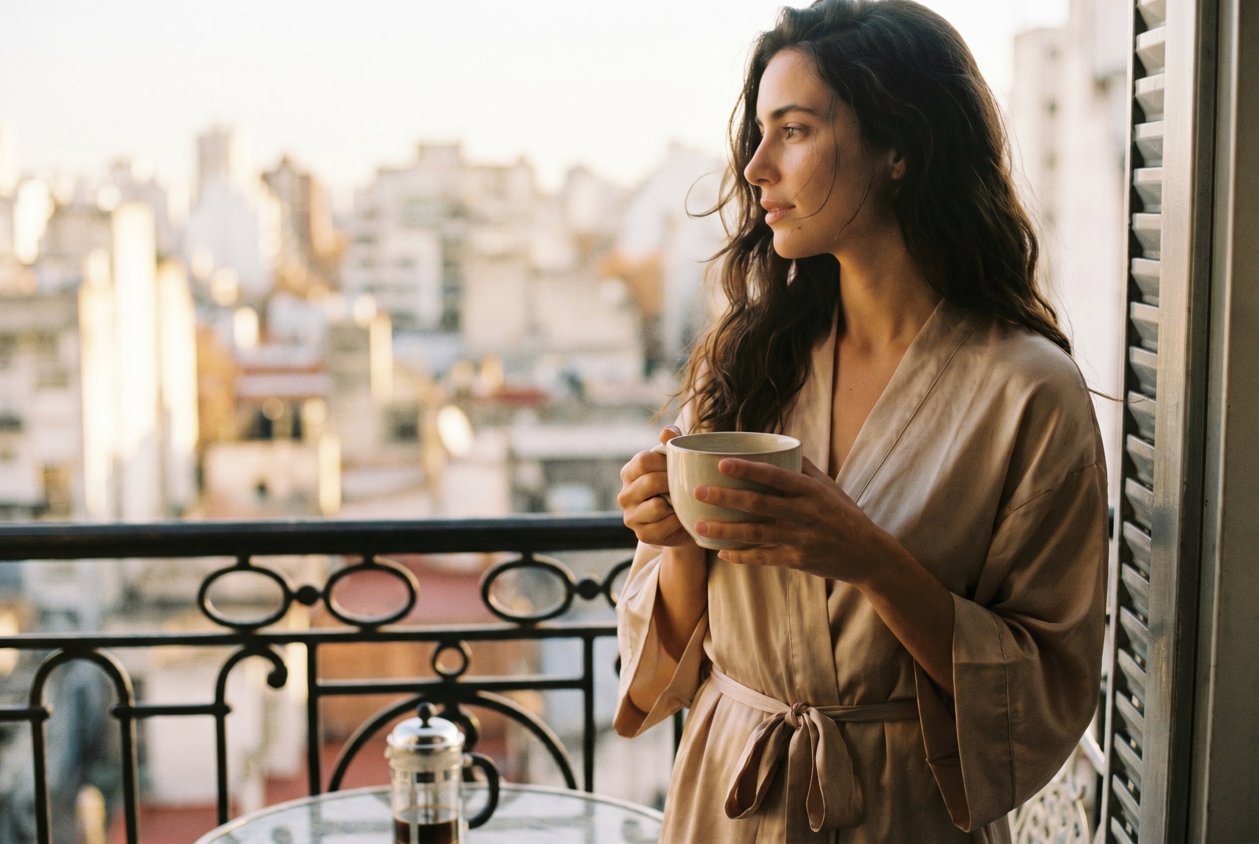 Una creadora en un balcón con un café y bata de seda, mirando la ciudad en hora dorada.