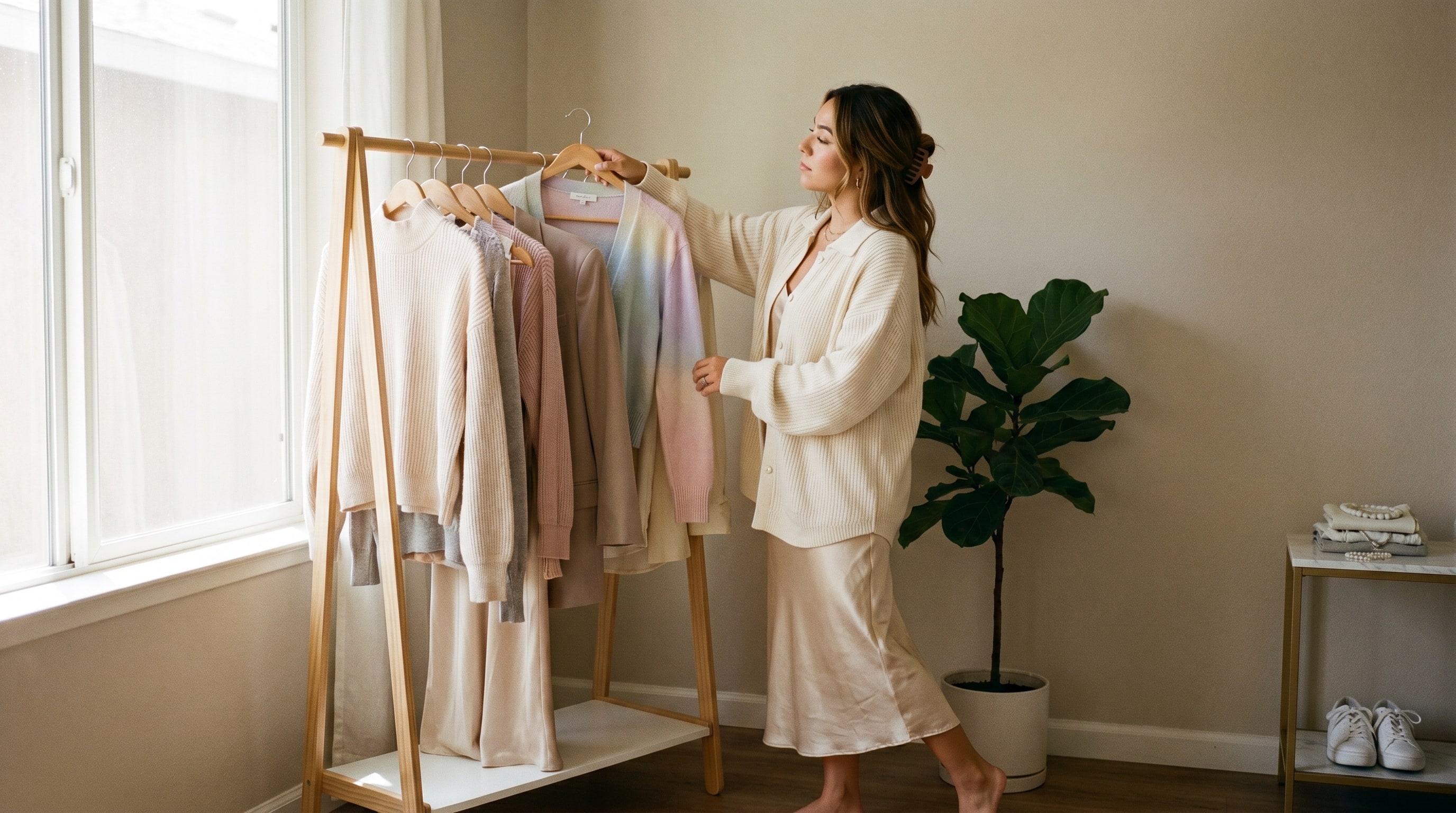 Una creadora frente a un rack de ropa curada, evaluando un look, vestido lencero de seda y luz editorial.