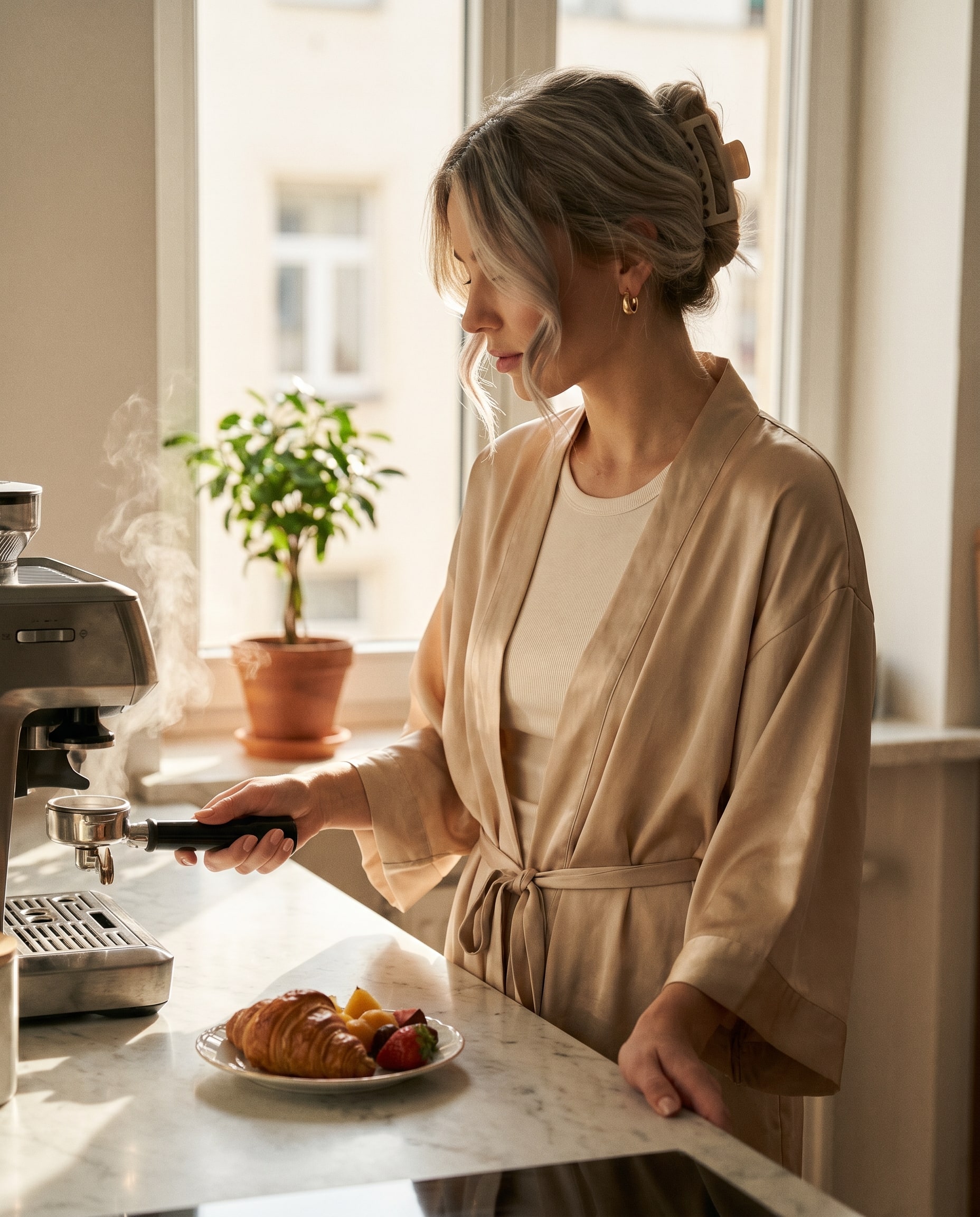 Una creadora en una cocina haciendo espresso, bata de seda sobre camiseta, luz suave de mañana.