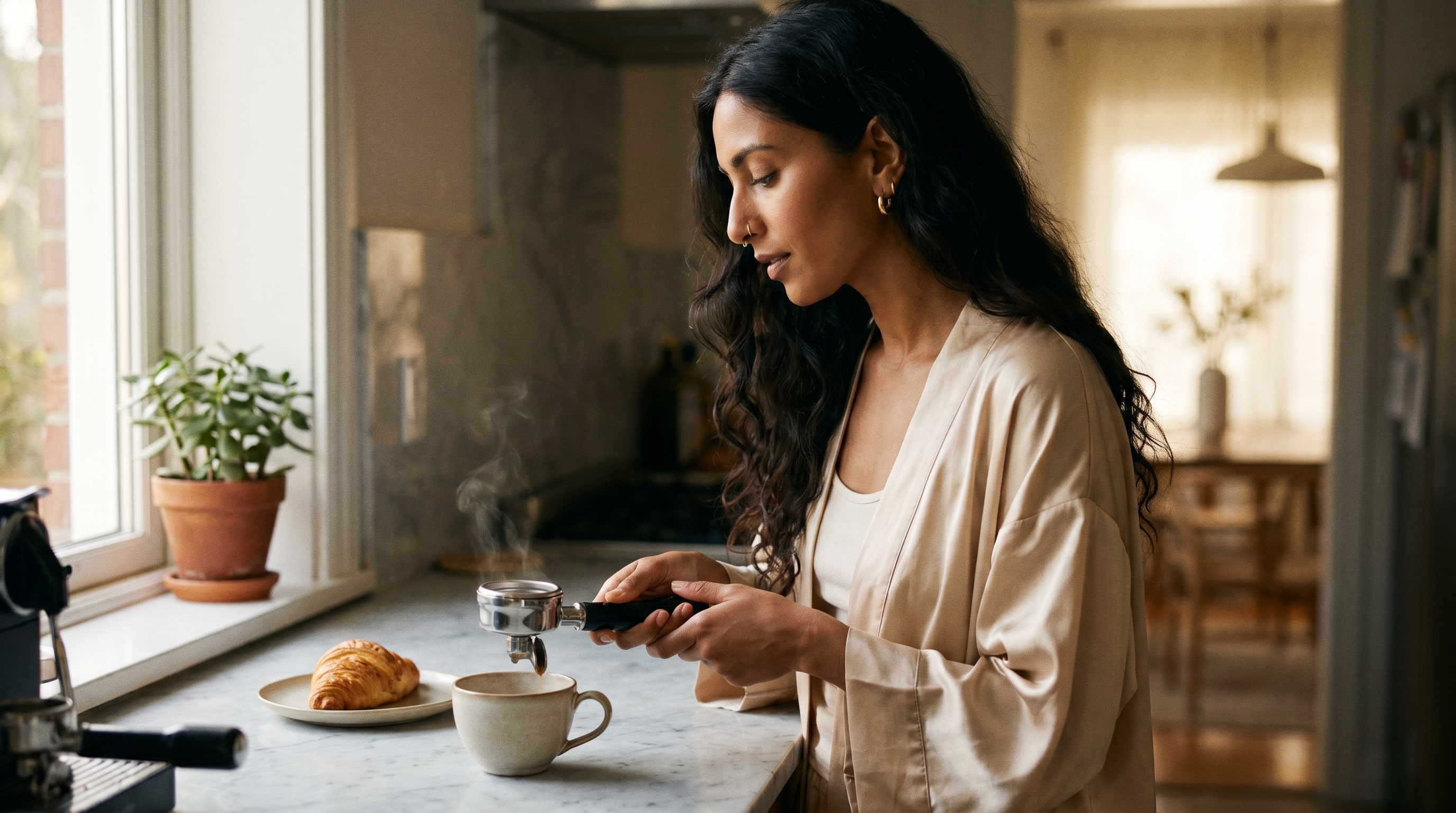 A creator in the kitchen with a coffee cup, checking her phone, focused expression.