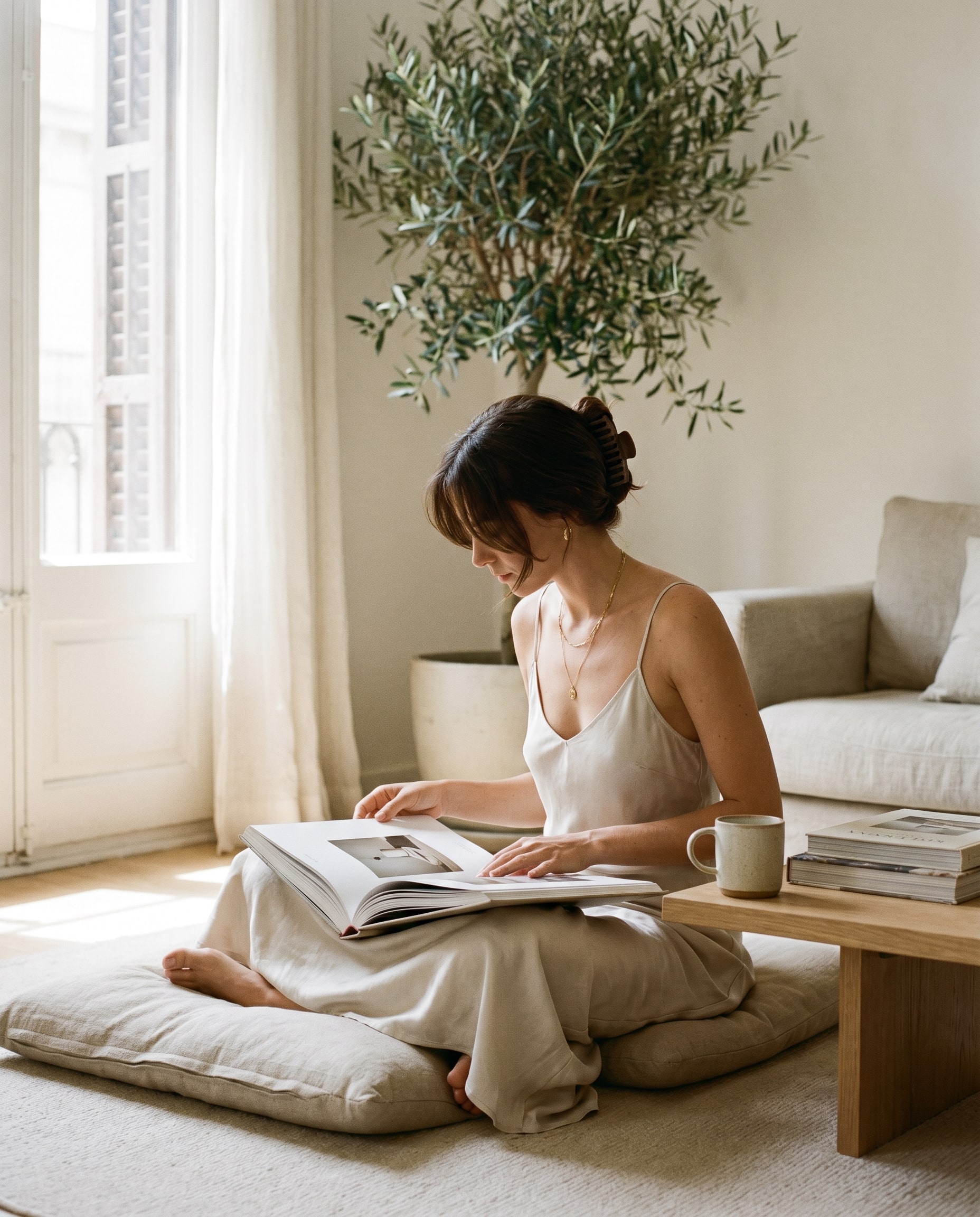 A creator sitting on the living room floor with cushions, reviewing a notebook with notes.