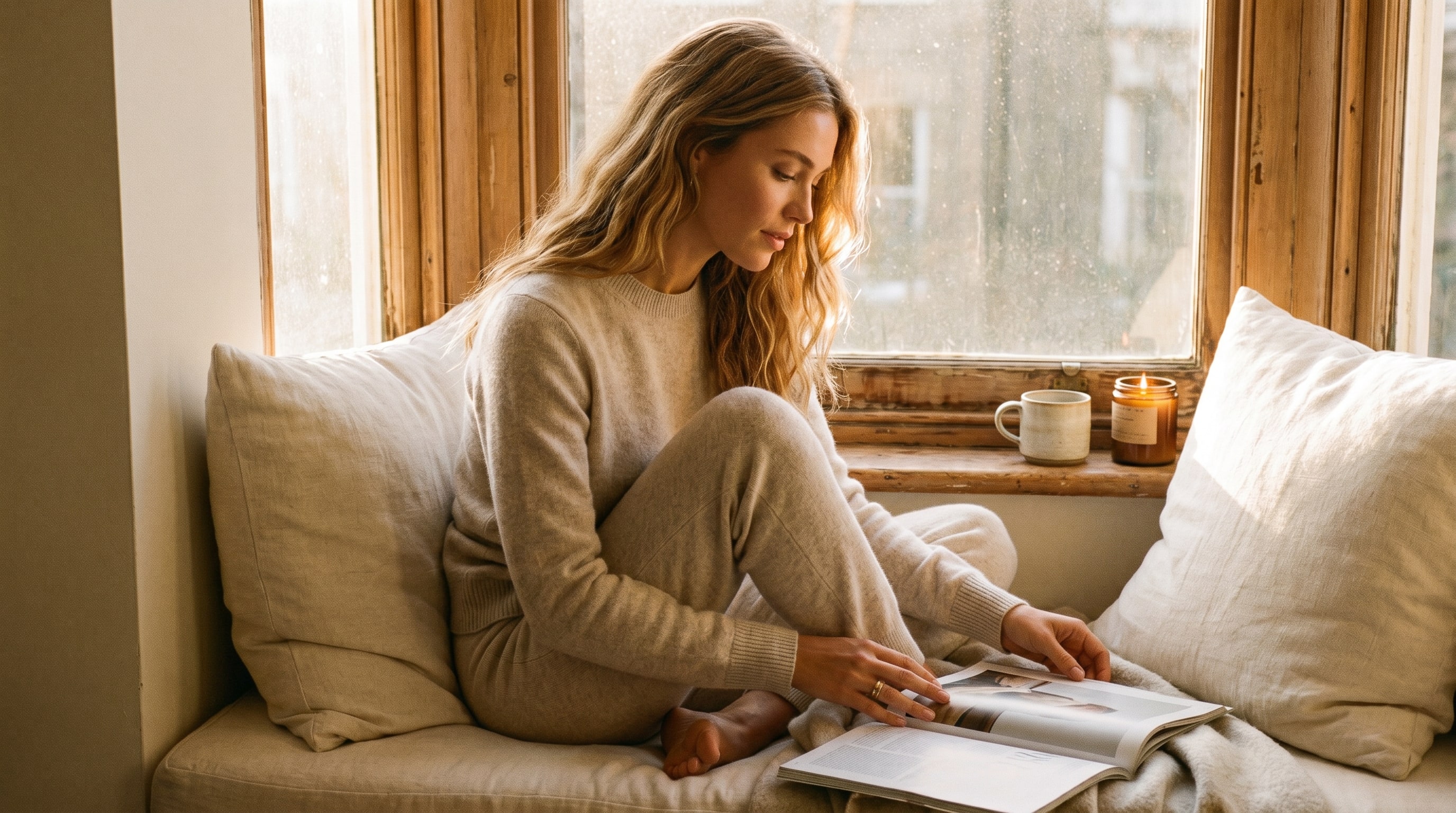 A creator on a sunlit window seat with a book in her lap, cashmere sweater, late-afternoon golden light.