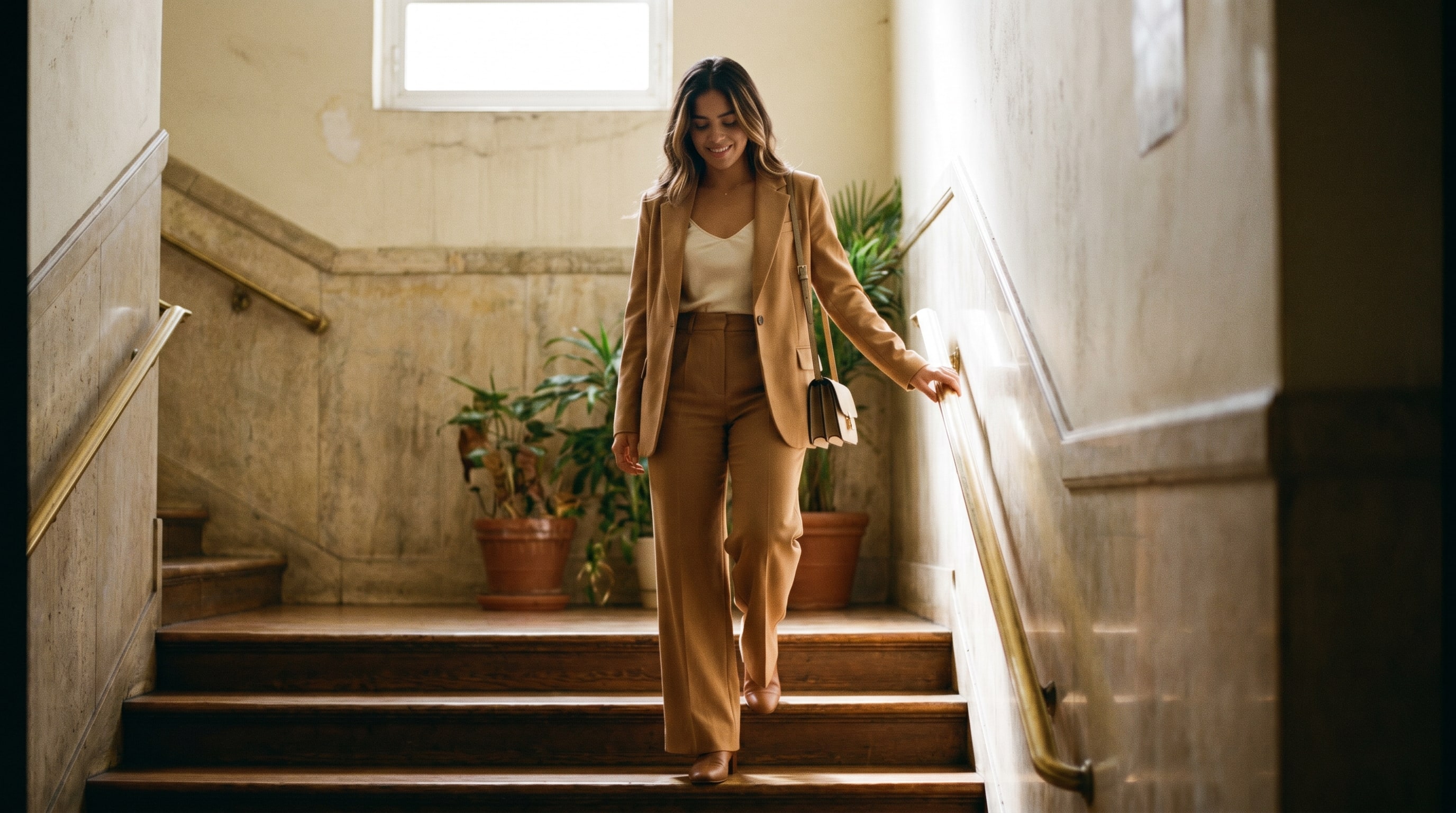 A creator descending an editorial staircase mid-stride, full tailored suit, side-window light.