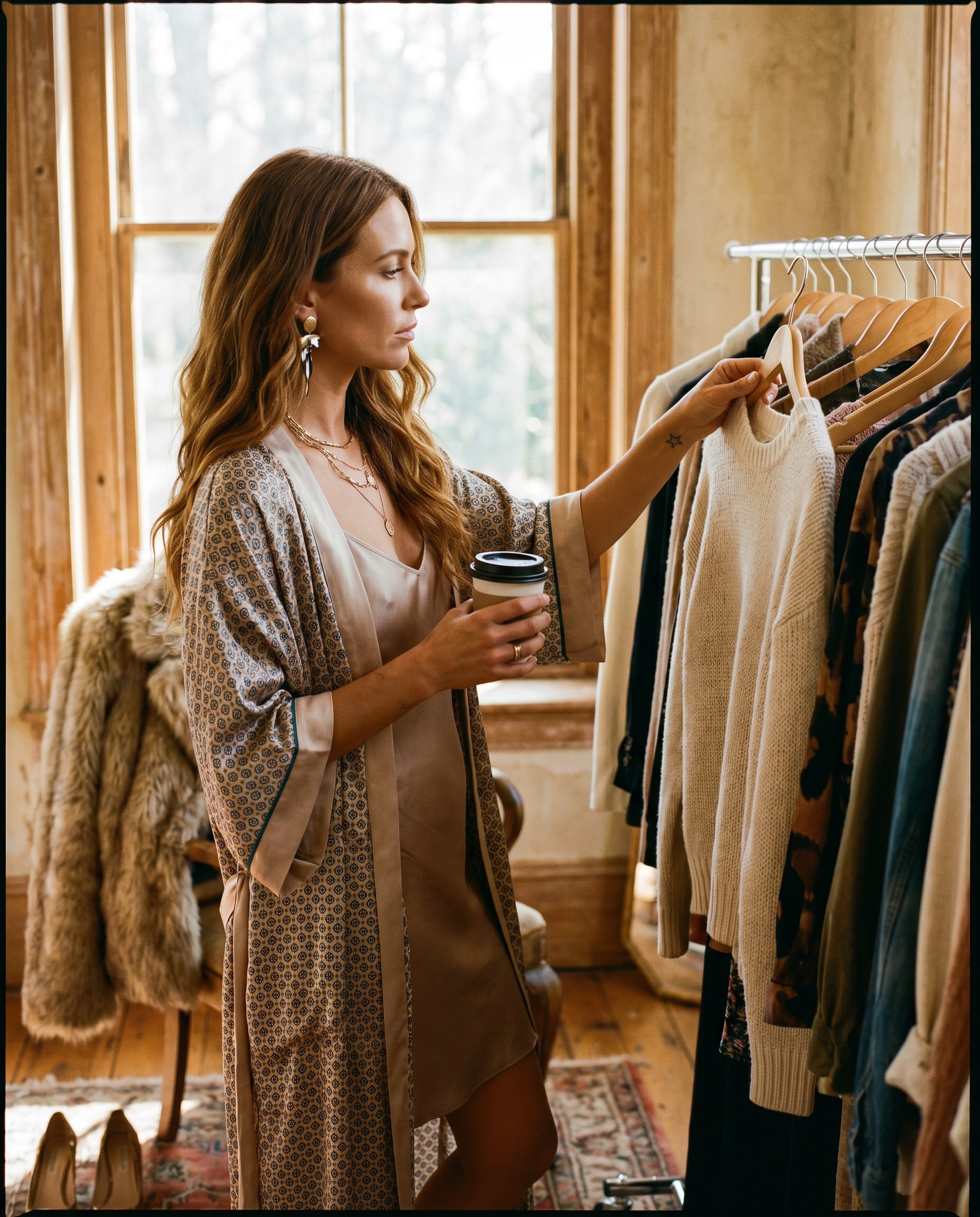 A creator in a dressing room in front of a curated garment rack, evaluating an editorial look.