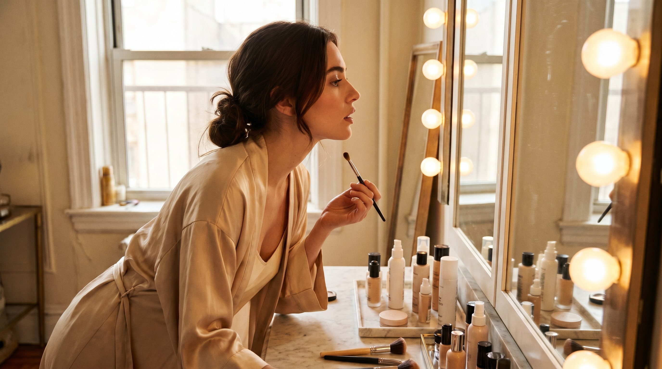 Creator at her vanity applying makeup, silk robe loosely open, warm globe-bulb lighting.
