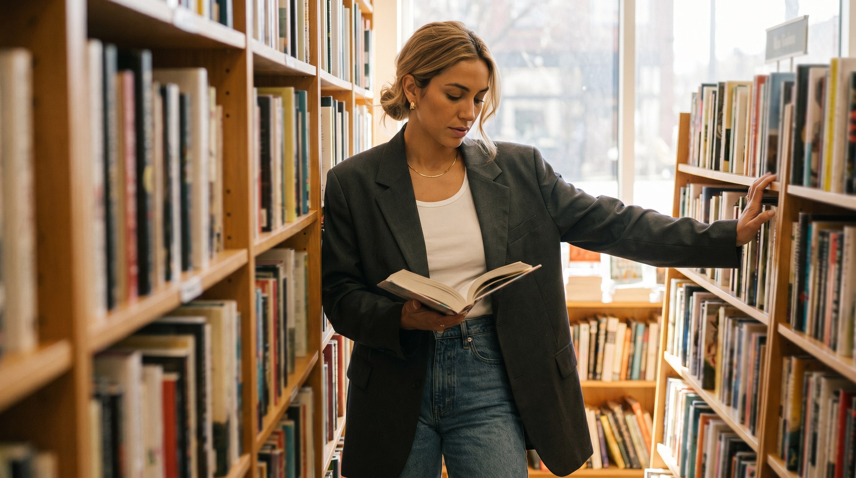 A creator browsing a bookstore aisle with an open book, oversized blazer over jeans, editorial light.