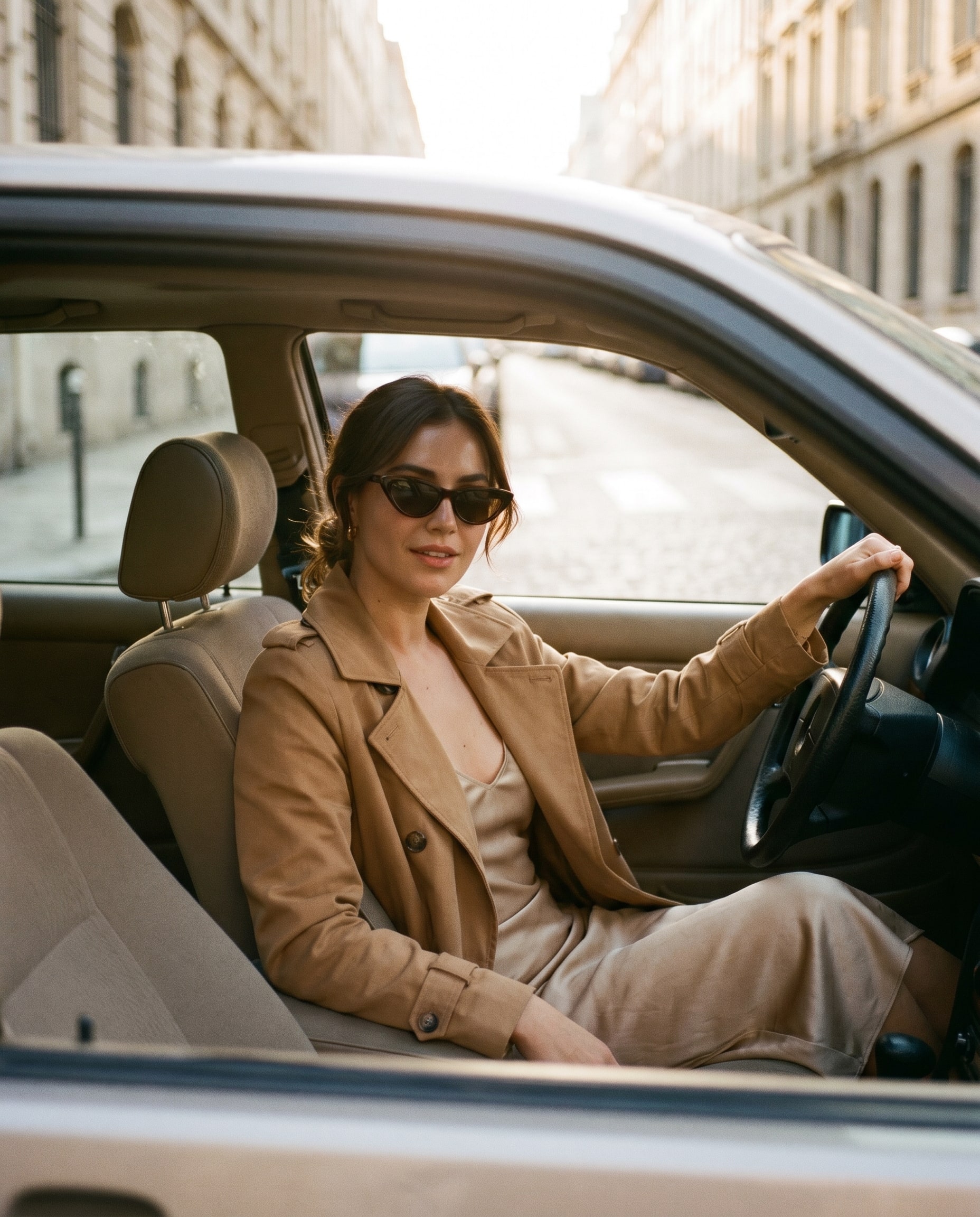 A creator in the driver's seat with sunglasses on, silk slip dress, golden hour light.