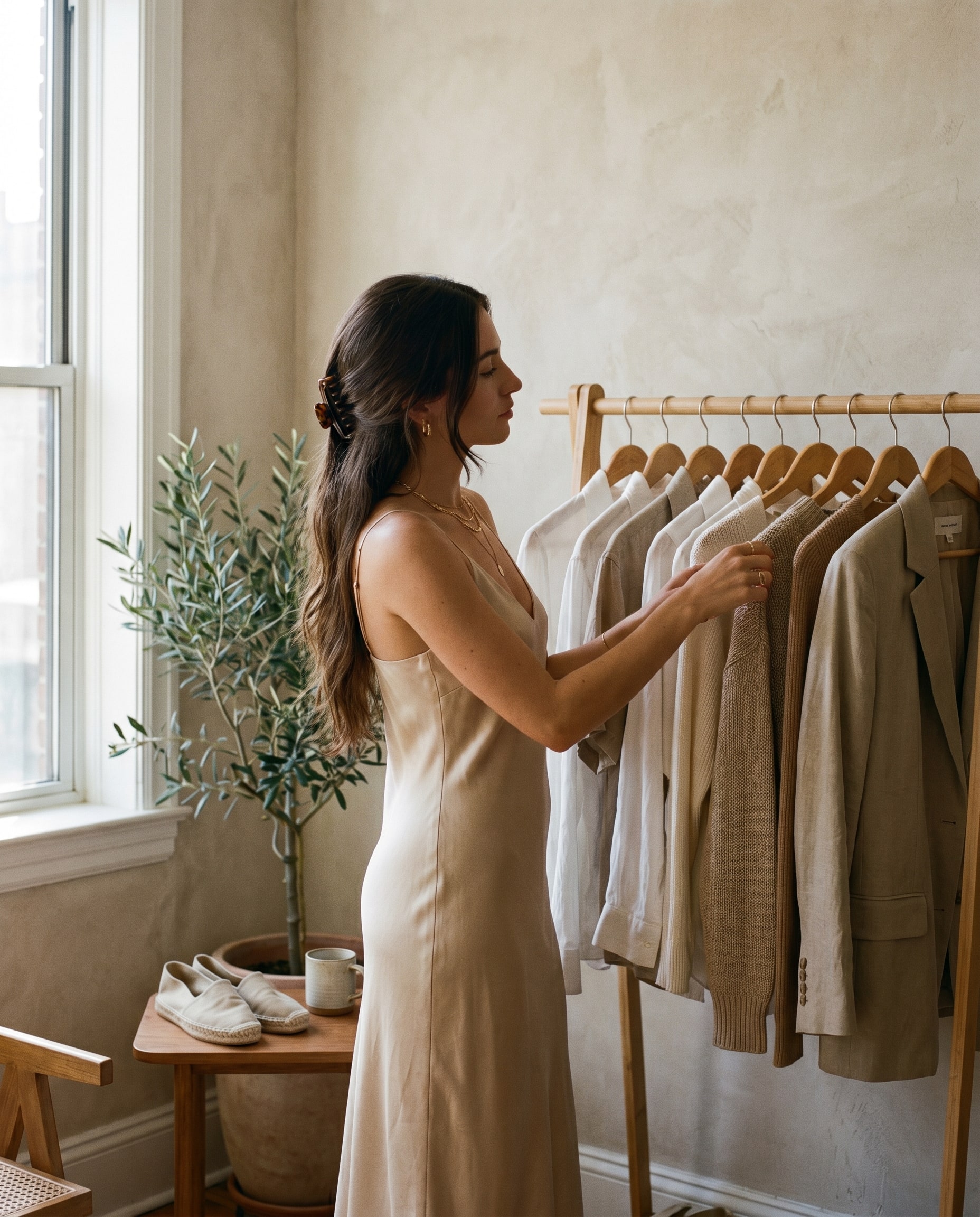 A creator selecting clothes for a shoot, captured from behind.