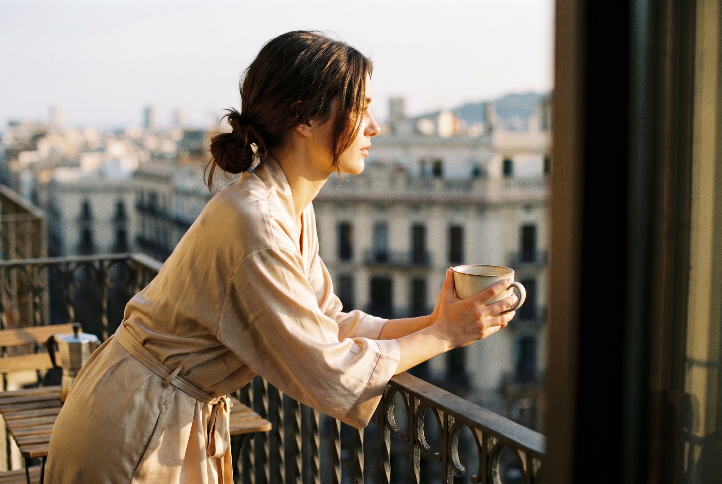 A creator with coffee on a balcony overlooking the city, reflective expression.