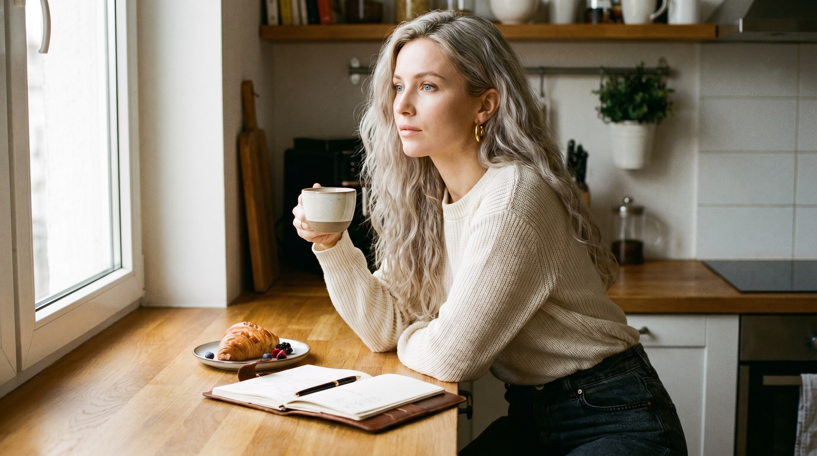 A creator on a quiet morning with coffee, contemplative expression, not productive.