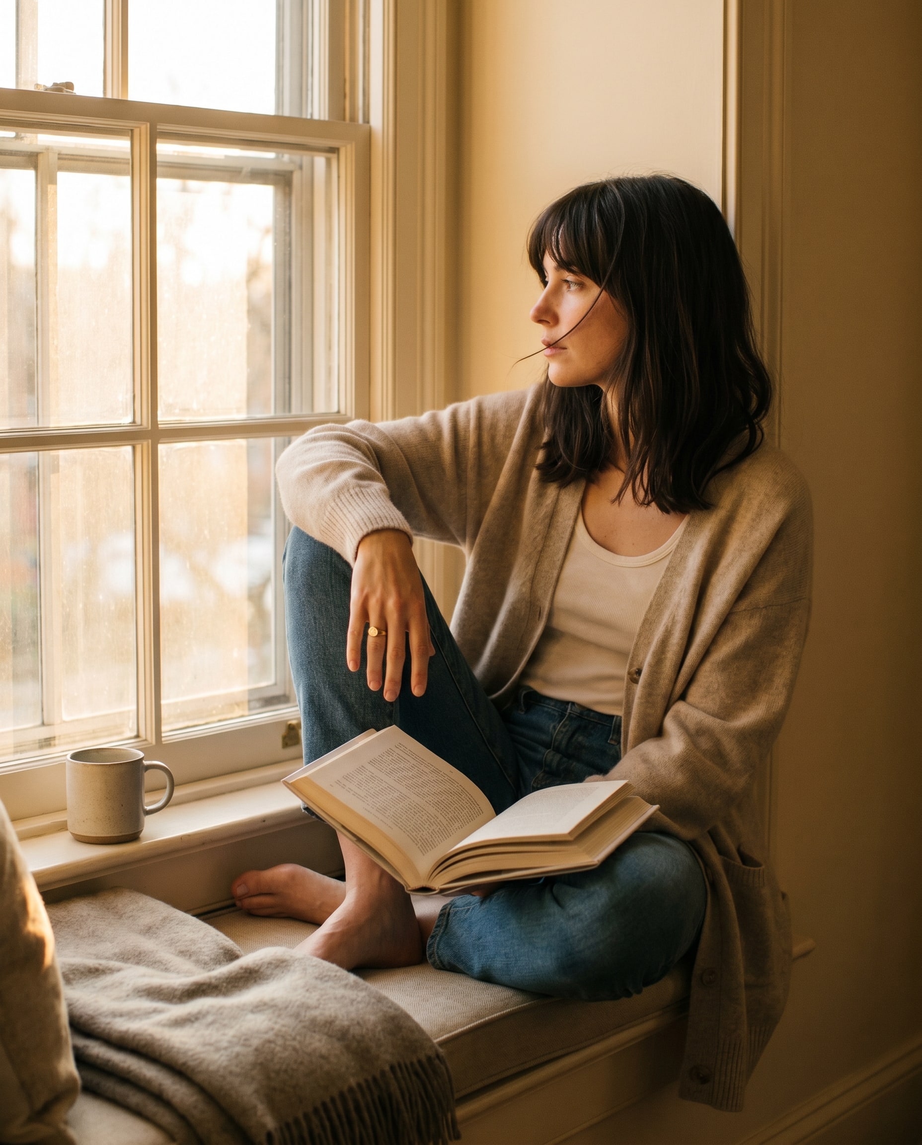 A creator sitting at a window resting, reflective expression without phone in hand.