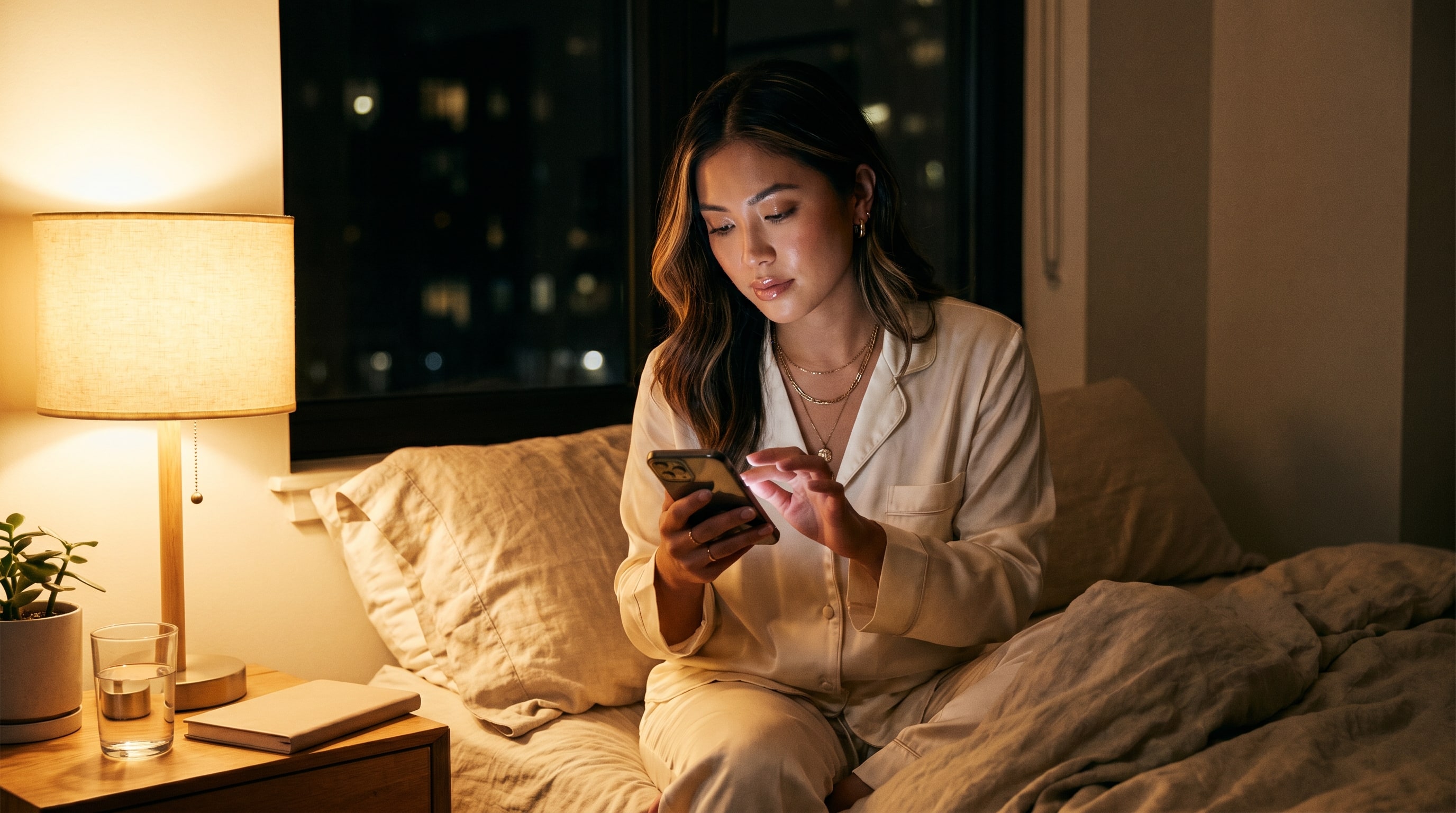 A creator responding to messages on her phone at night in bed, focused expression.