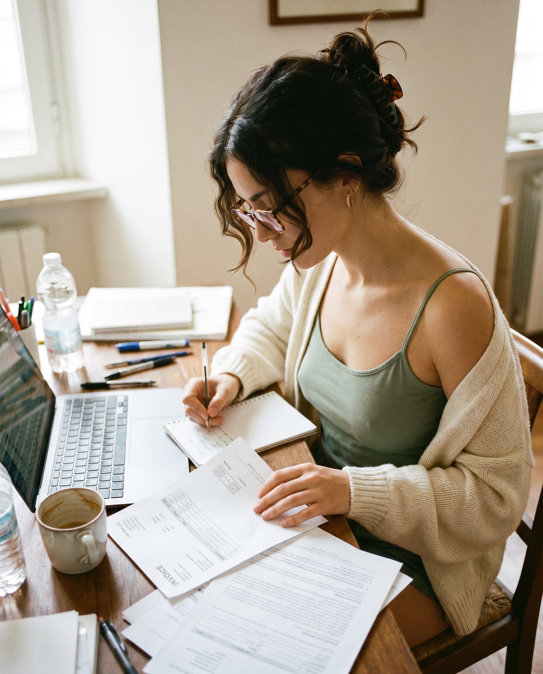 A creator reviewing spreadsheets at her desk.