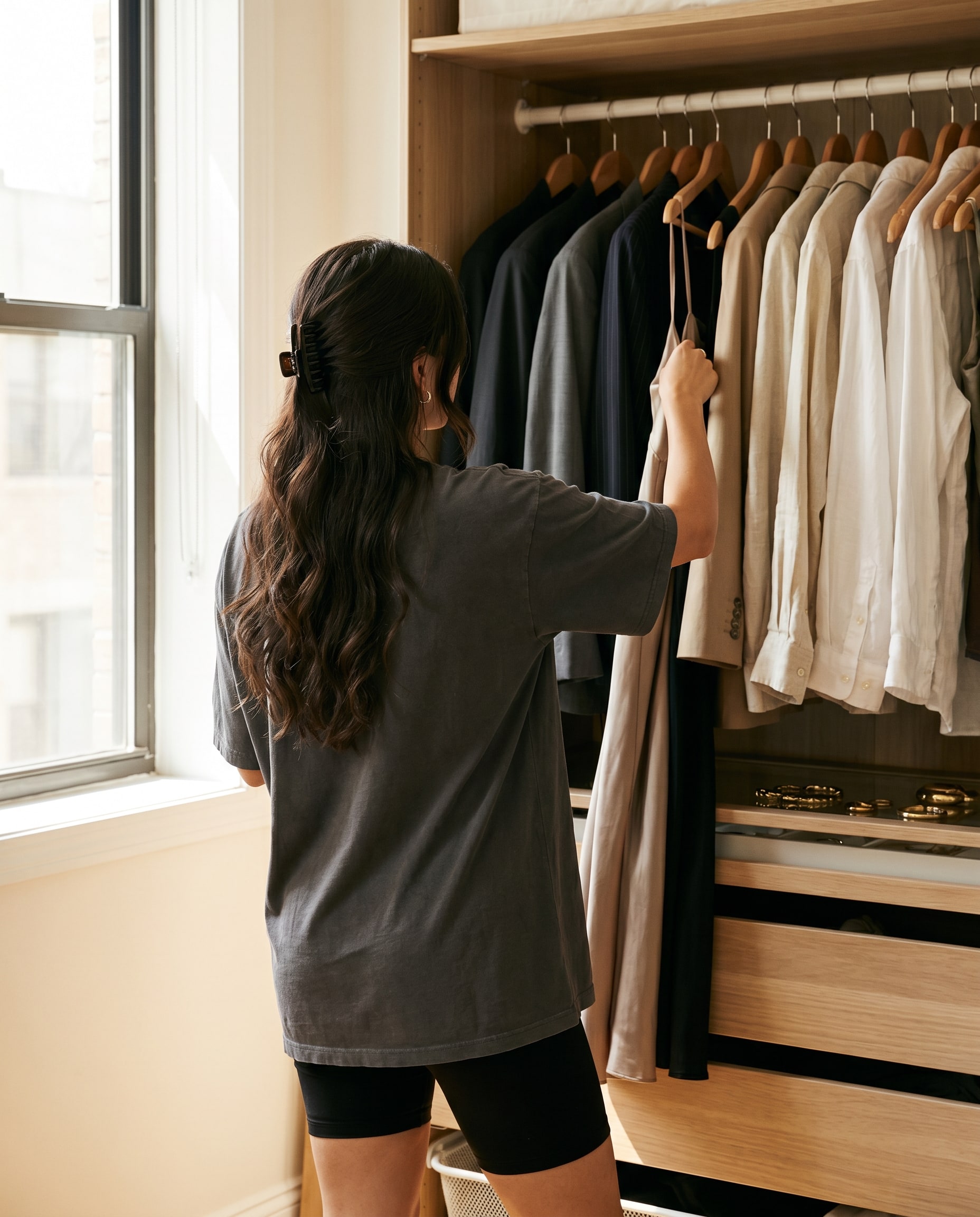 A creator with her back to the camera in front of an open closet, silk slip dress, editorial light.
