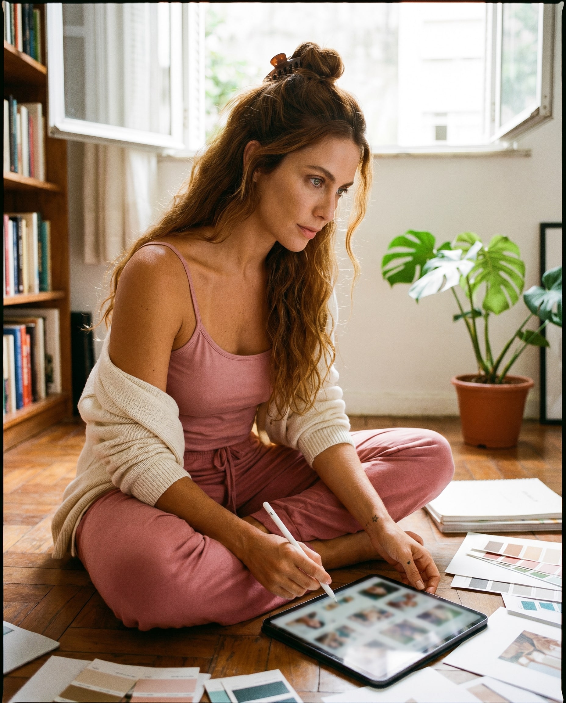 A creator editing content on her iPad with Apple Pencil, comfortable loungewear, soft morning light.