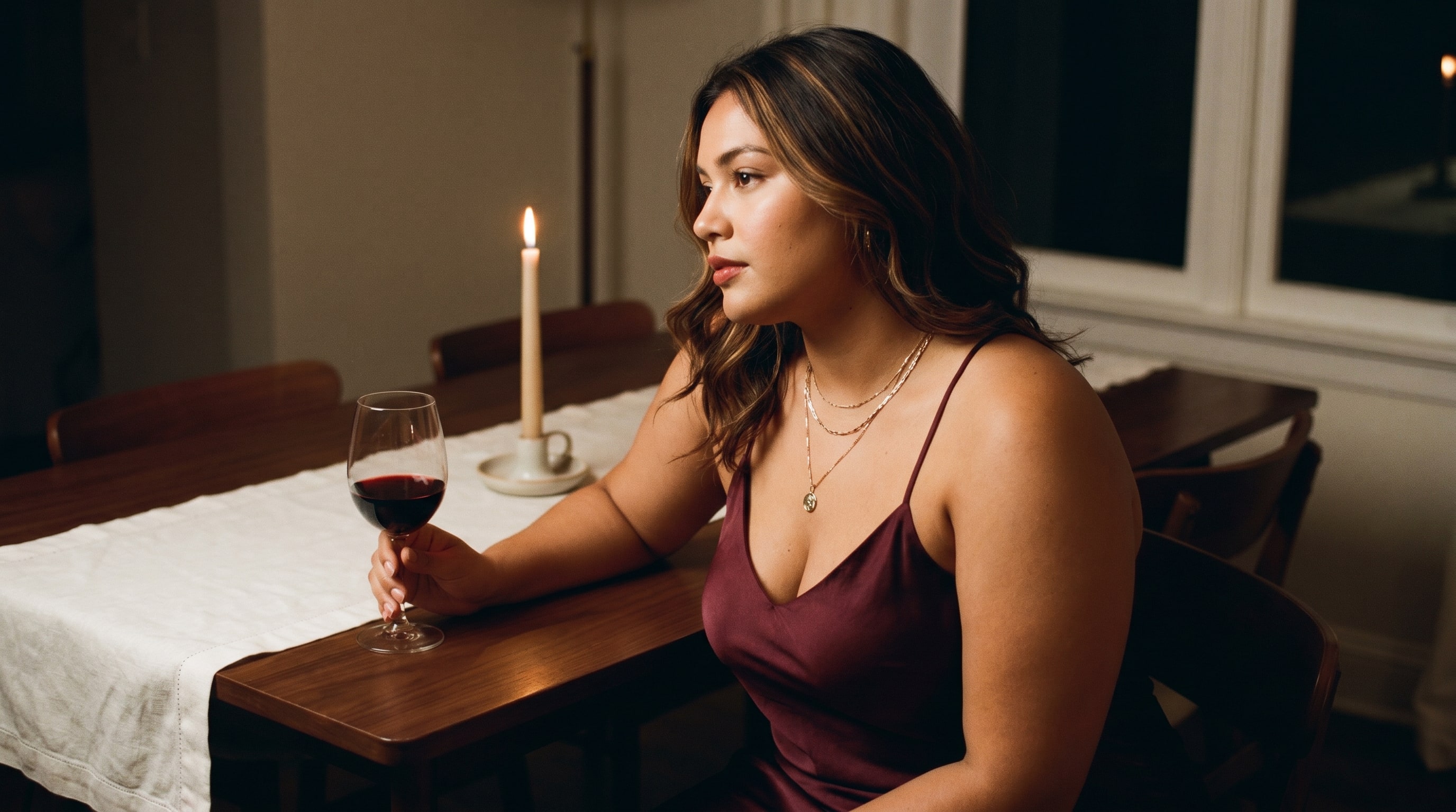 Una creadora en una mesa de comedor a la luz de las velas con una copa de vino, vestido lencero, mood íntimo de noche.