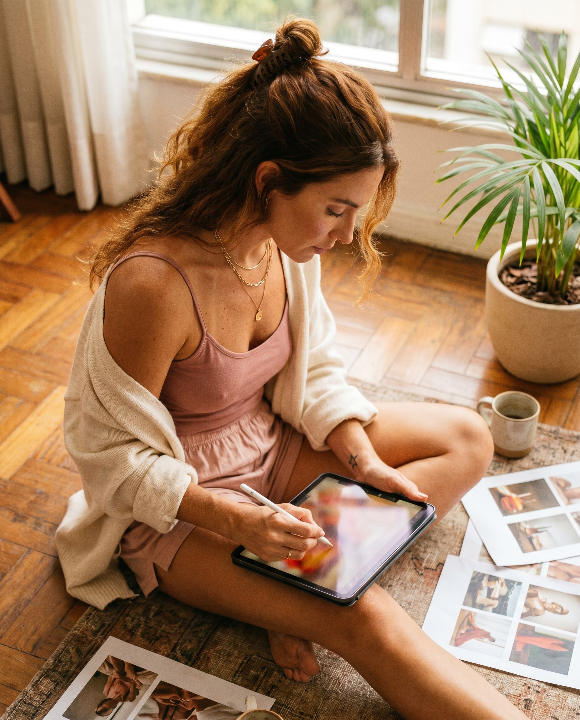 Una creadora editando contenido en su iPad con Apple Pencil, vestido lencero de seda, luz suave de mañana.