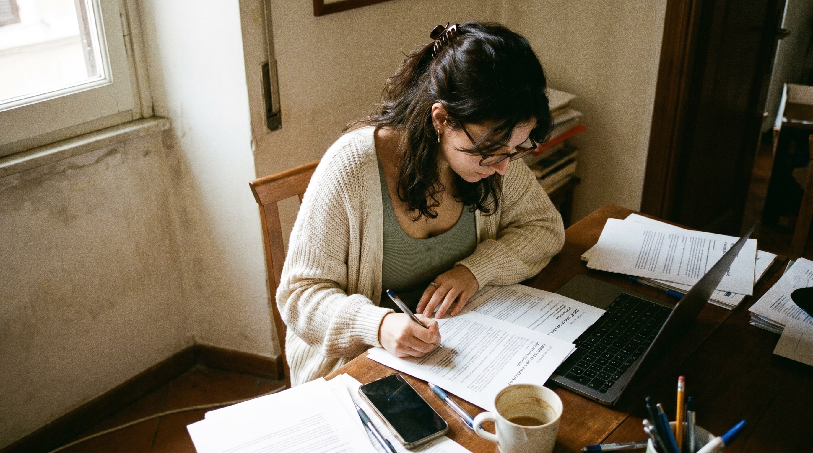 A creator reviewing tax documents at her desk, focused and professional expression.