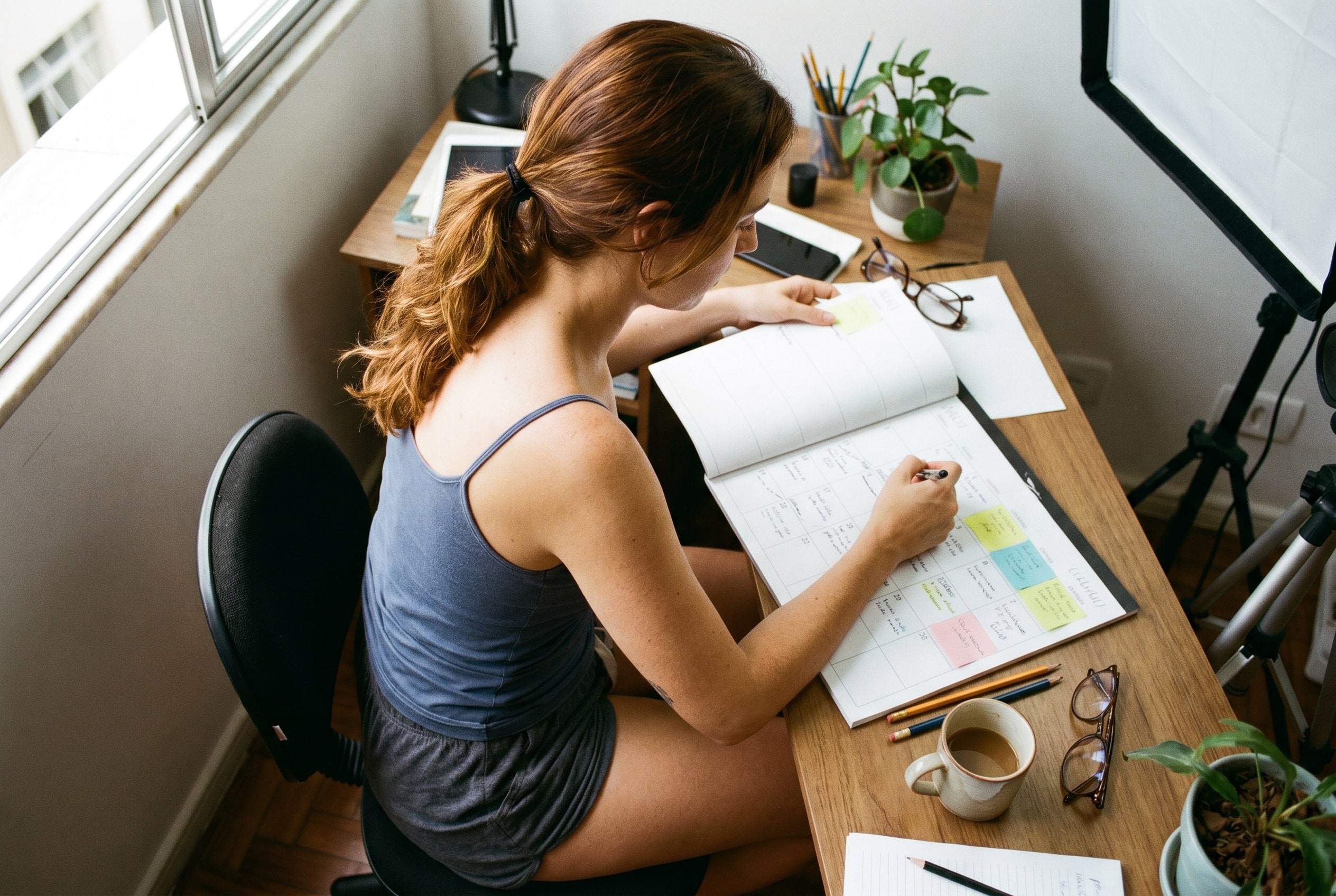 A creator with a planner and calculator, organizing deductible expenses.