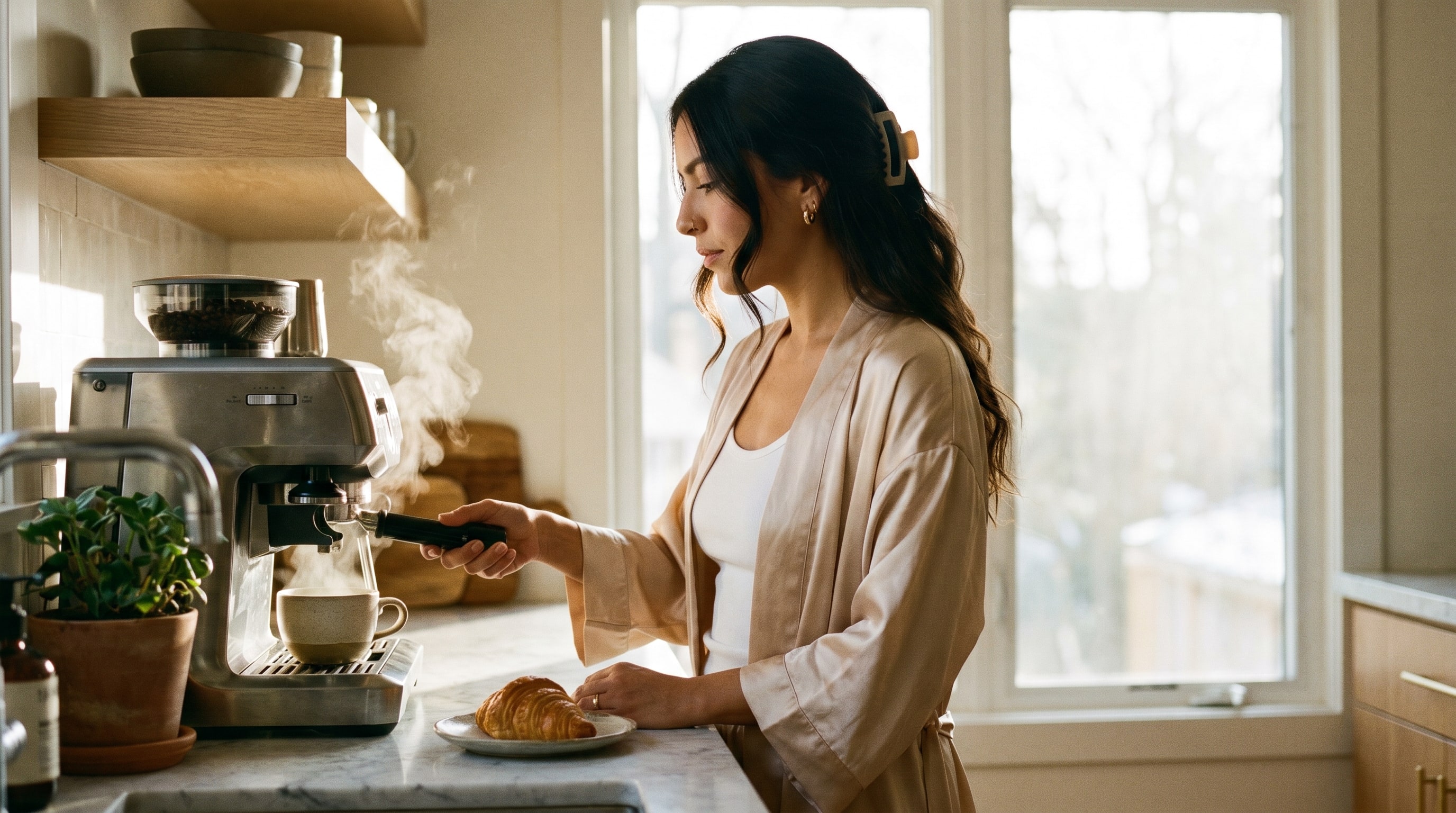 Una creadora en la cocina con una taza de café, revisando su teléfono, expresión enfocada.