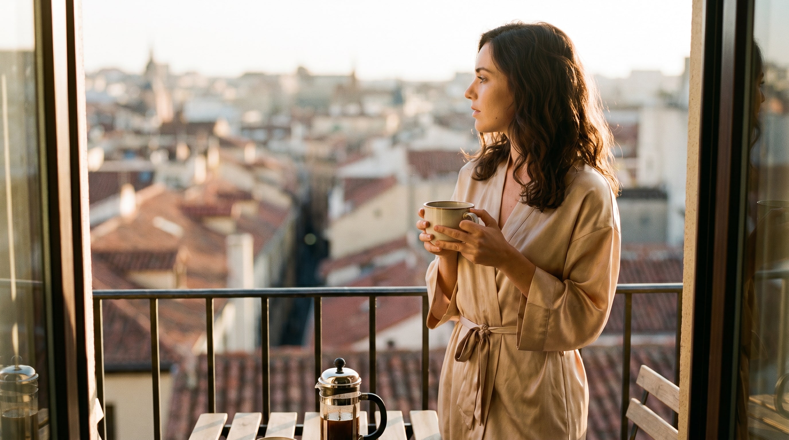 Una creadora con café en un balcón con vistas a la ciudad, expresión profesional.