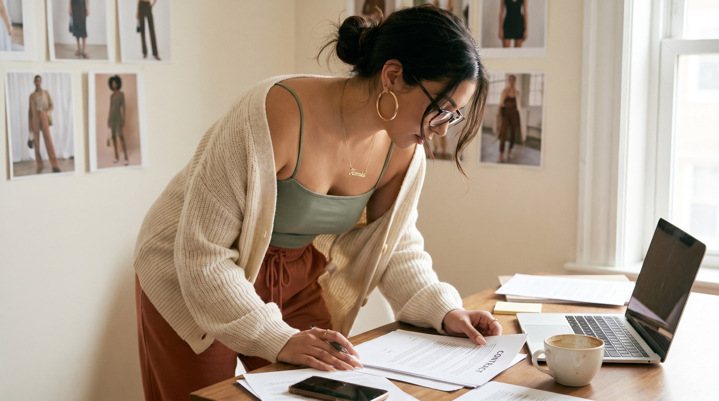 A creator reviewing a contract with pen in hand, analytical and focused expression.
