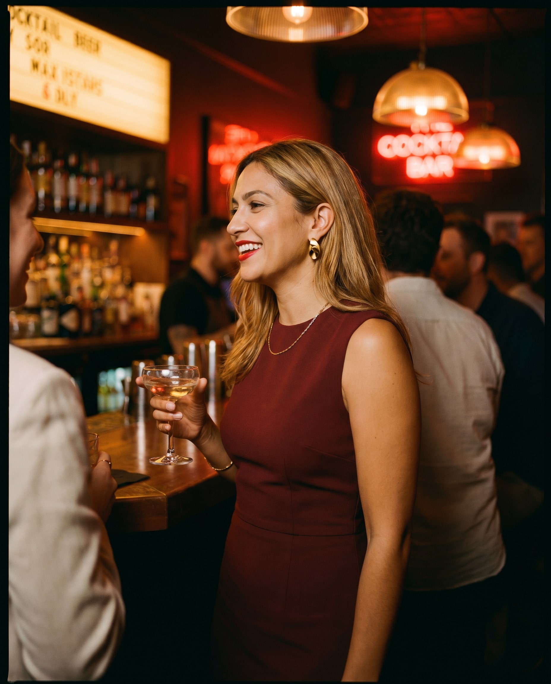 A creator at an elegant bar at night, holding a glass, reflective expression.