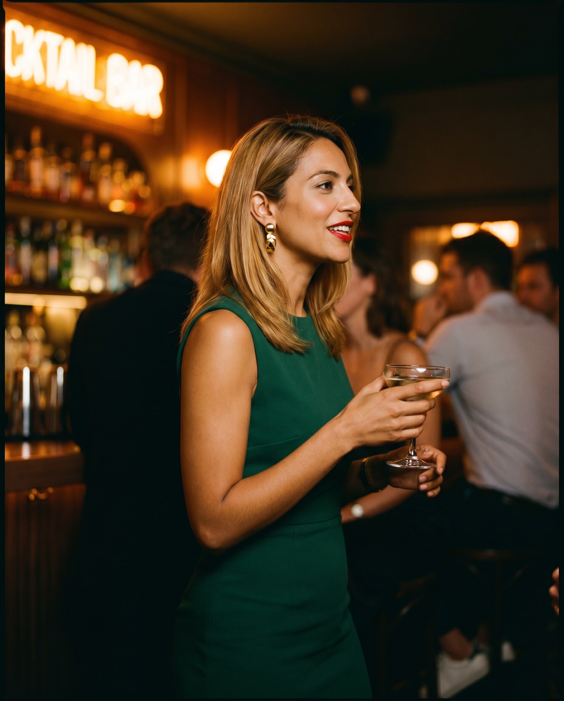 Una creadora en un bar elegante por la noche, sosteniendo una copa, expresión reflexiva.