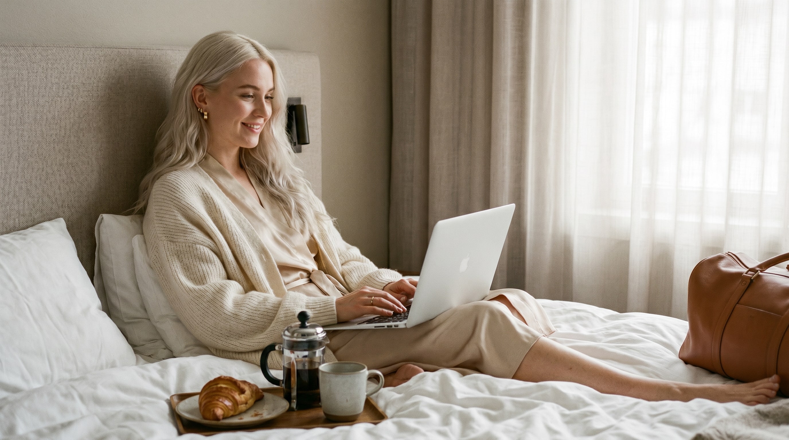 Una creadora apoyada contra el cabecero de la cama de un hotel con un laptop sobre las piernas, bata de seda, luz editorial.