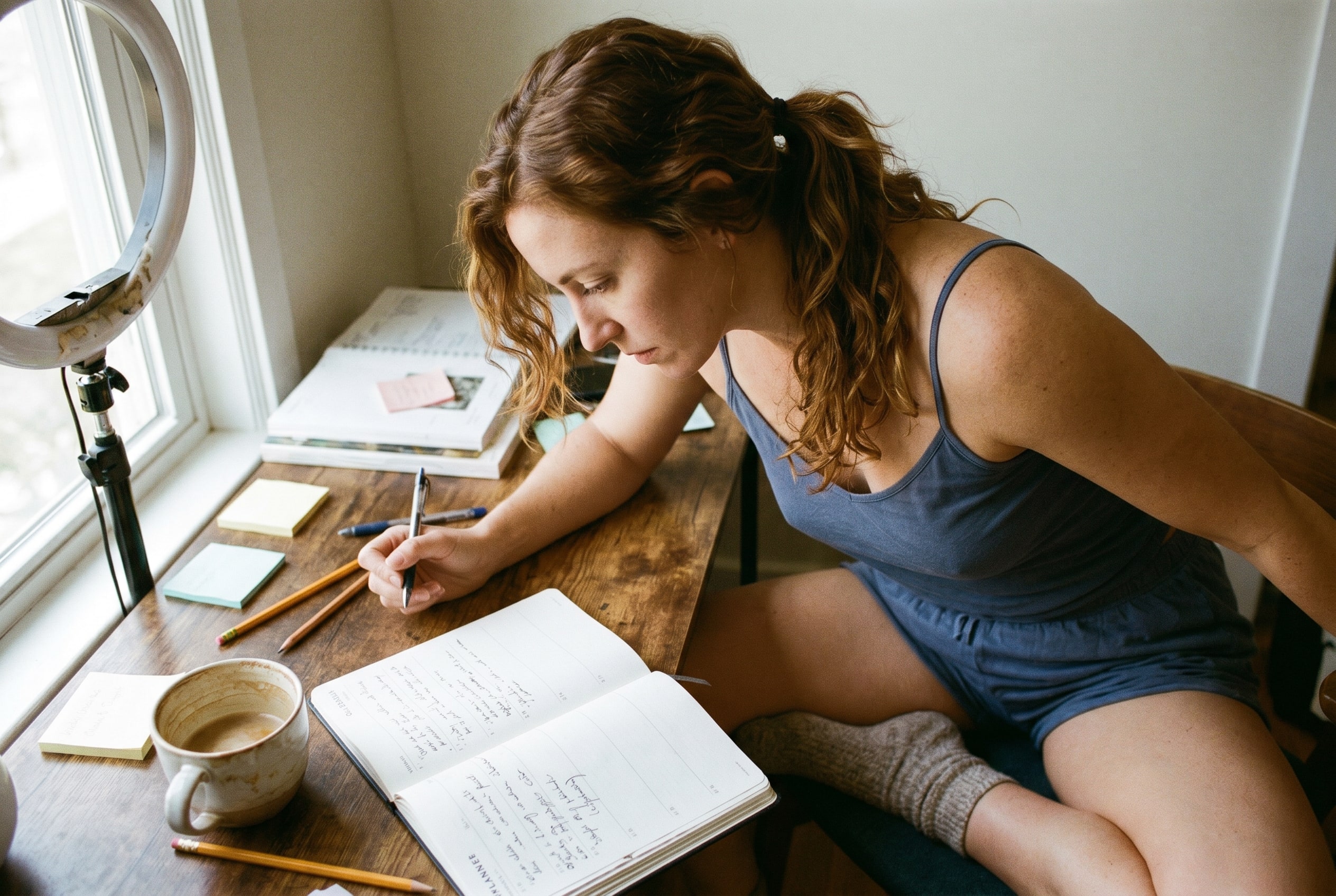 A creator in front of a detailed content calendar, with organized notes and planning.