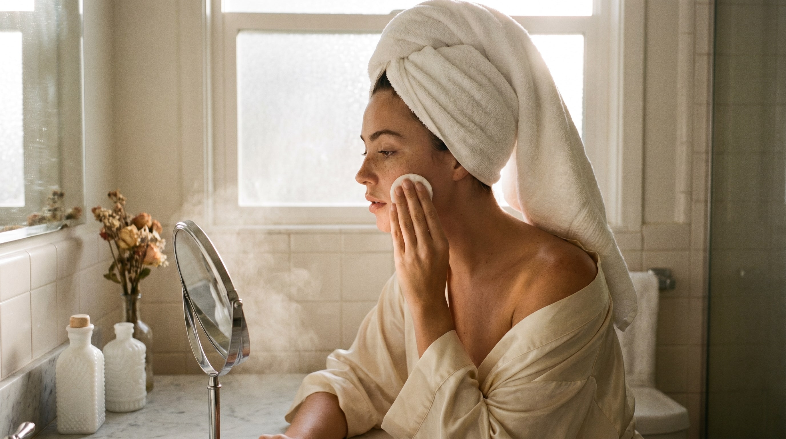 A creator at a bathroom vanity with a towel-turban in her hair, slip dress, backlit by window.