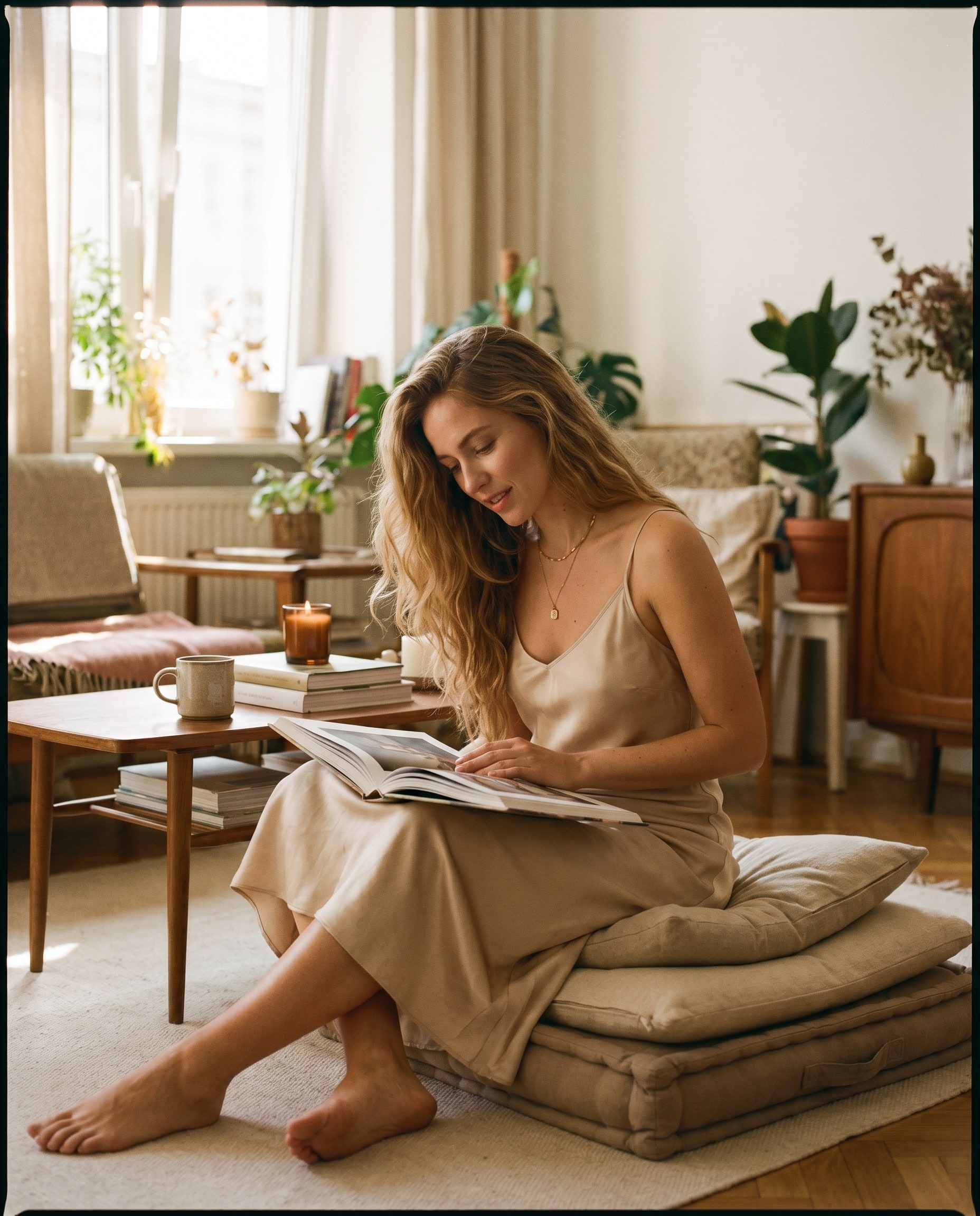 A creator seated on floor cushions with a magazine, slip dress, soft morning light.