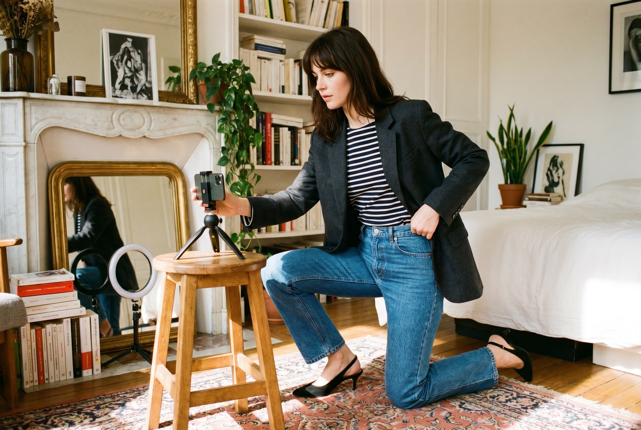 A creator setting up her phone on a tripod, editorial daywear styling, not yet recording.