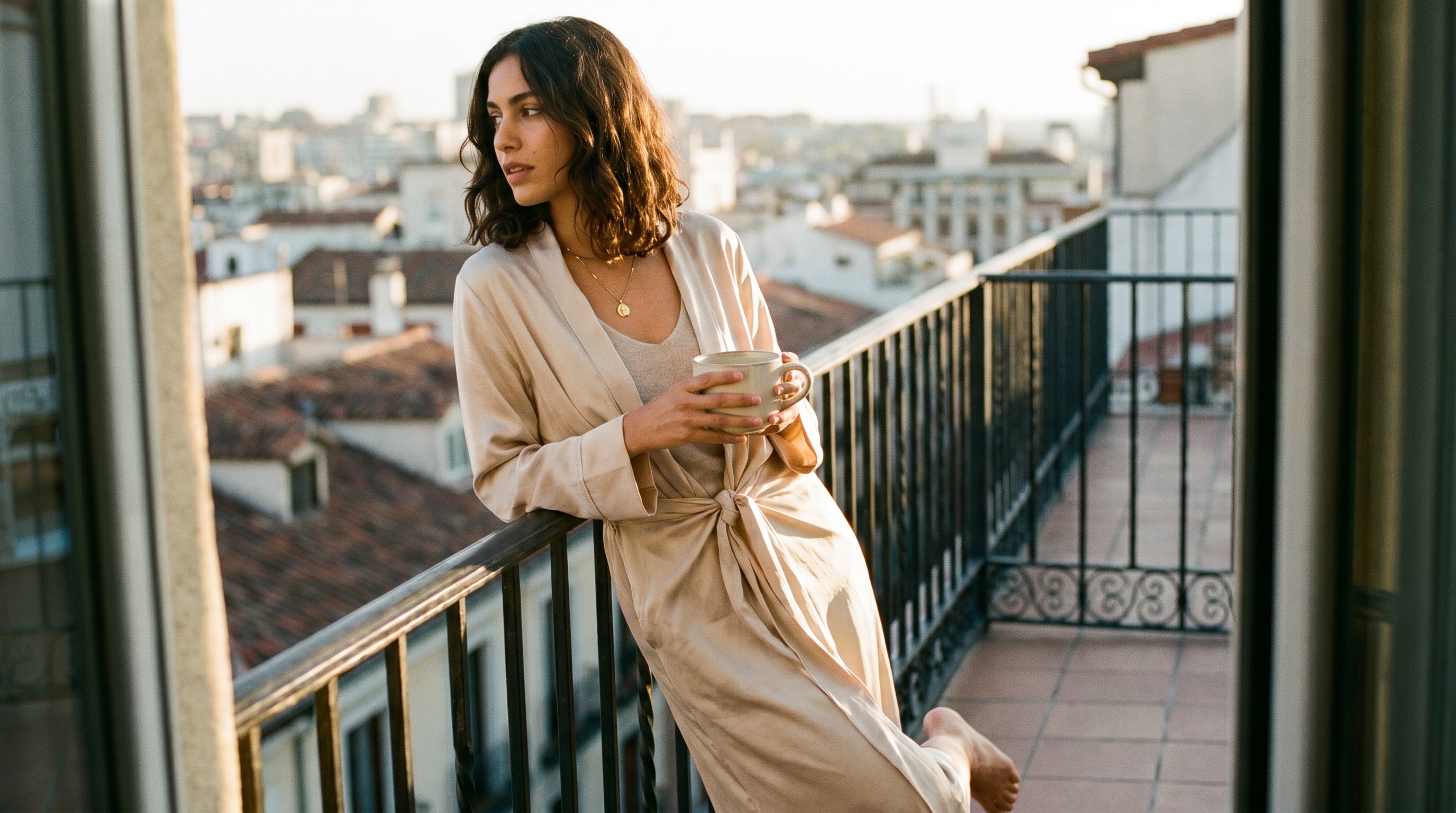 A creator with coffee on a balcony overlooking the city, professional expression.
