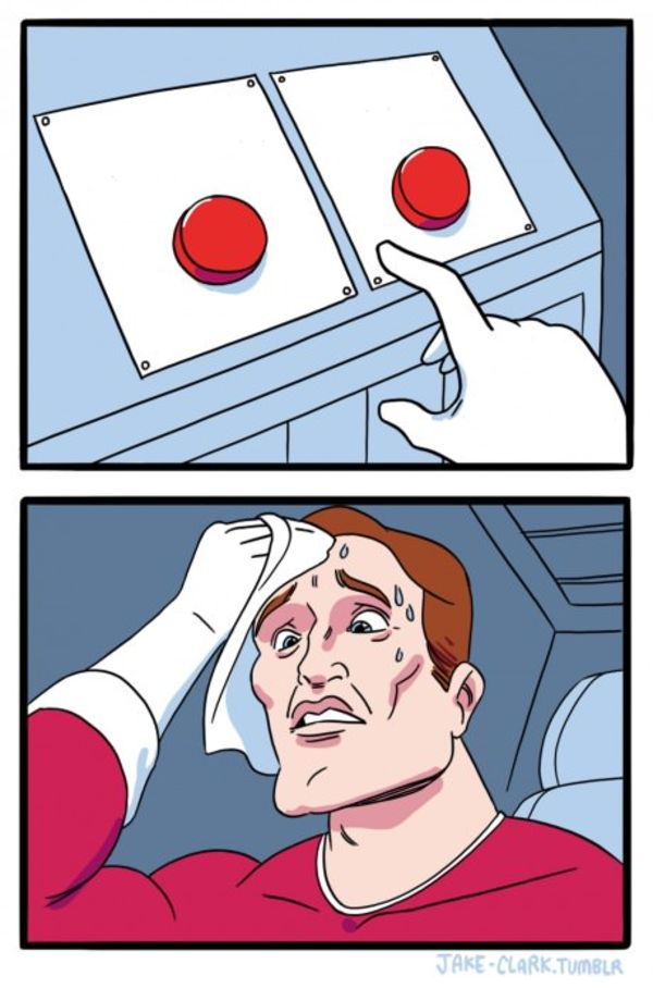 Two Buttons Sweating meme — person sweating between two buttons